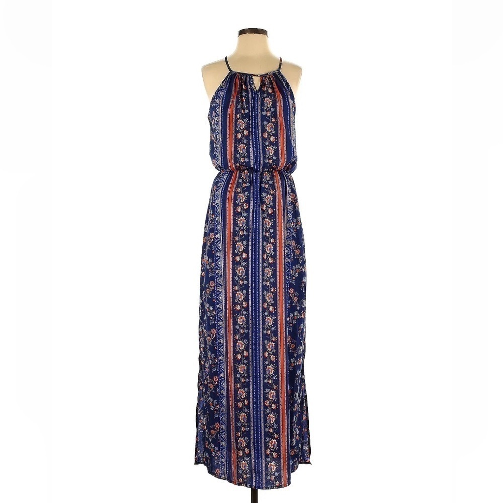 Japna Womens Size S Blue Halter Style Pull On Floral Paisley Print Maxi Dress